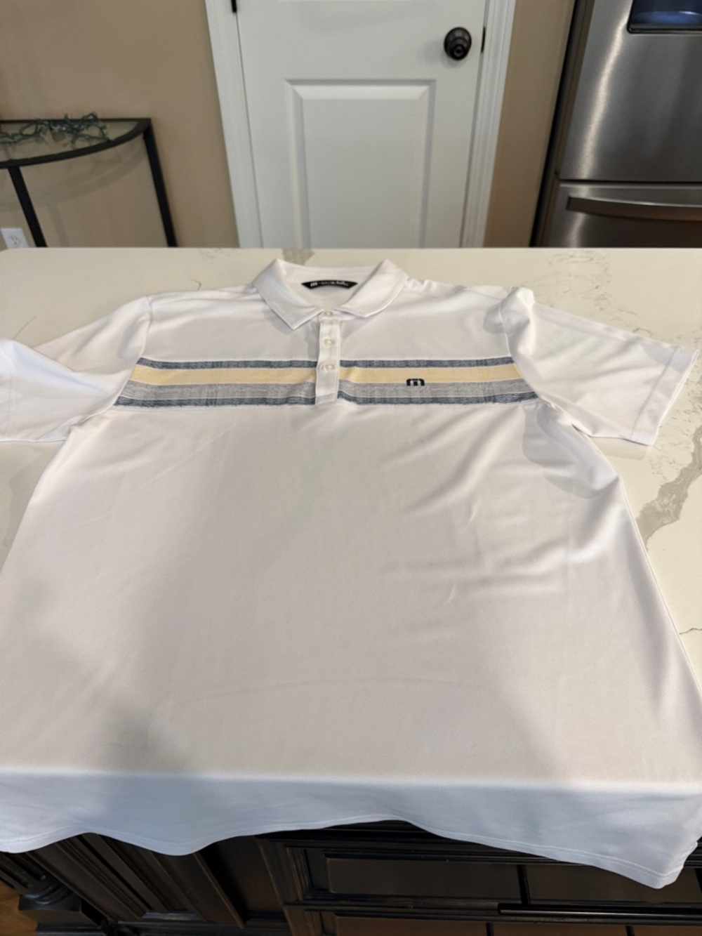 Travis Mathew White Polo with Navy and Yellow Stripes - Picture 3 of 5